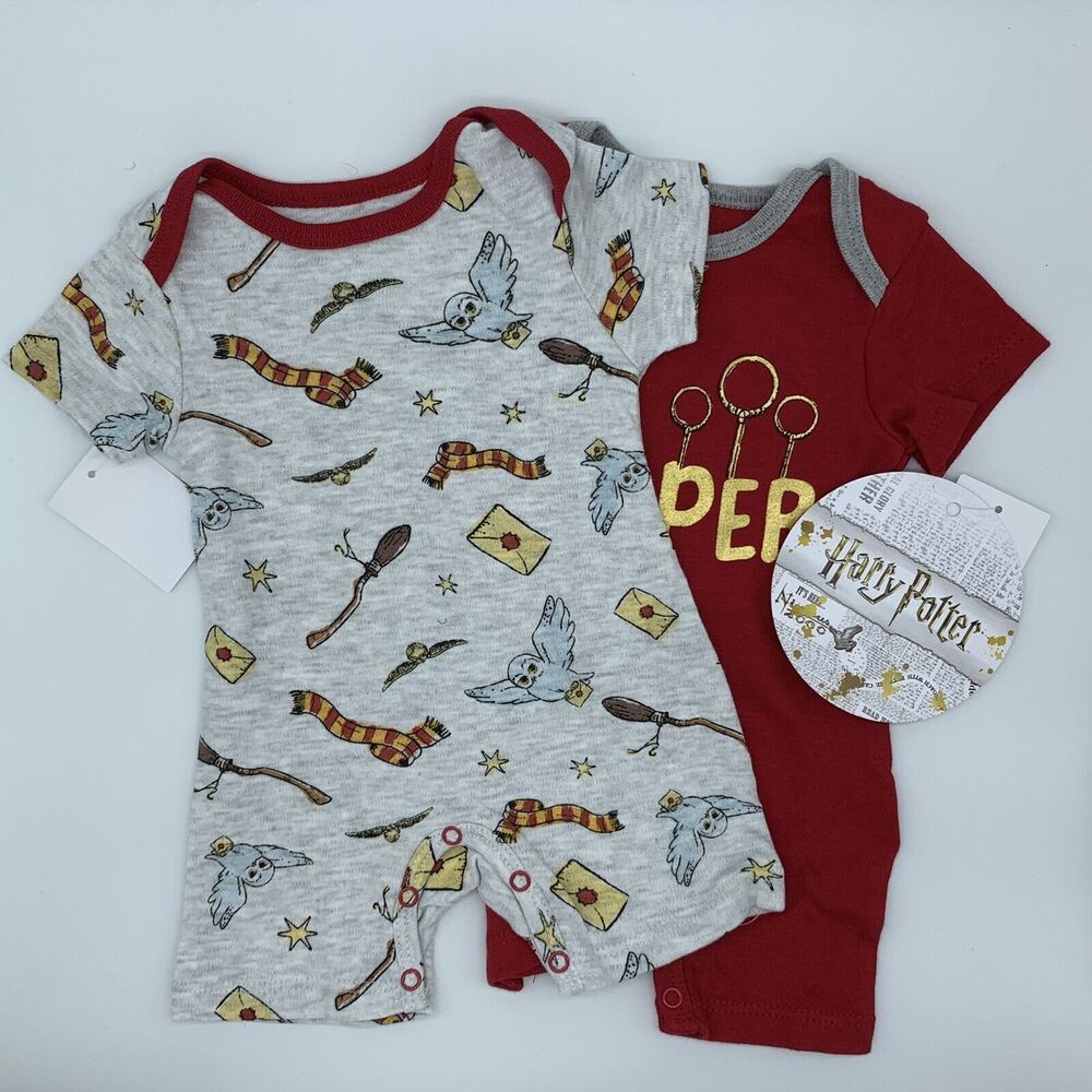 NEW~ HARRY POTTER Baby Rompers 2-Pack 0-3M I'm A Keeper Gryffindor Shortall